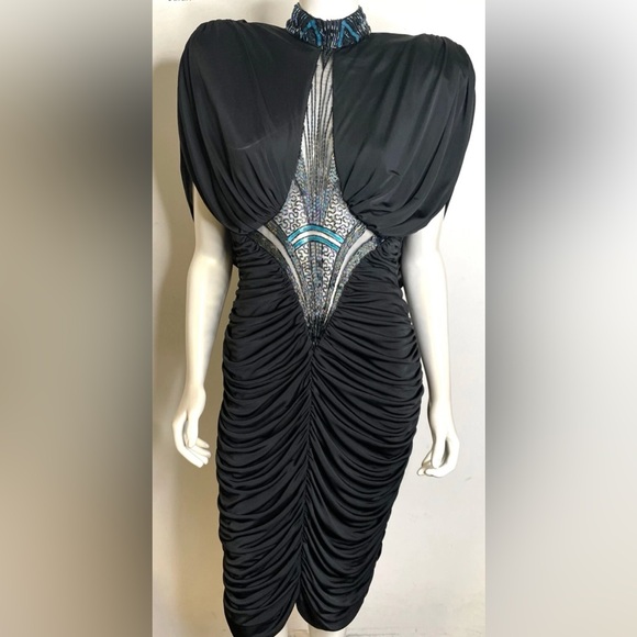 Vintage 1982 Casadei Black Beaded Dress Draped Ruched Beaded Evening Dynasty 12 - Picture 2 of 7